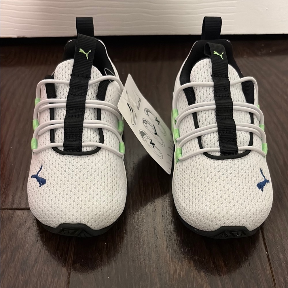 Kids Puma White, Black and Green Sneakers with Breathable Mesh